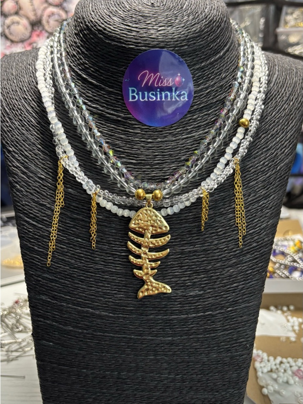 Gold Fishbone Pendant Layered Necklace - White Beaded Choker